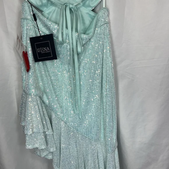 Mac Duggal A11274 Aqua Sequined Halter Cut Out Ruffle Asymmetrical Dress Size 4